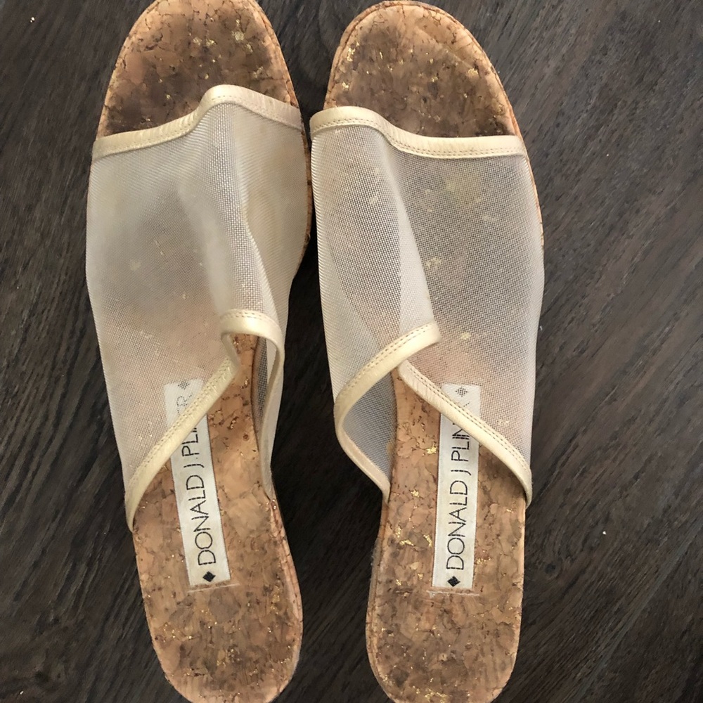 Sheer gold, cork wedges, 3 inch heels